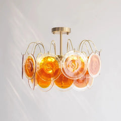 Gold Metal Frame Amethyst Glass Disc Semi-Flush Mount Chandelier
