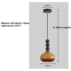 Pendant light with dimensions and material details on a gray background