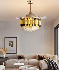 Modern living room with a decorative ceiling fan light fixture.
