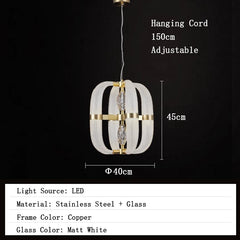 Chandelier with dimensions and material details on a black background