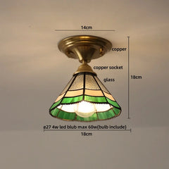 Ceiling light fixture with stained glass shade and measurements on a neutral background