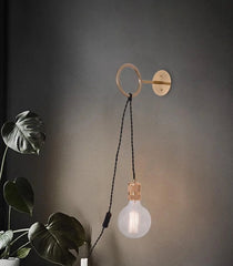 Wall-mounted light fixture with a bulb on a dark wall, next to a plant.