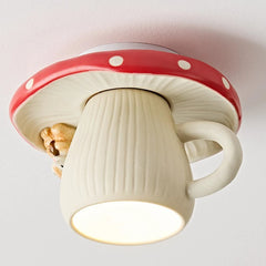 Red White Ceramic Mushroom Flush Mount Light with Squirrel Accent