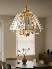 Brass Crystal Faceted Pendant Light with Fan Shape Shade Design