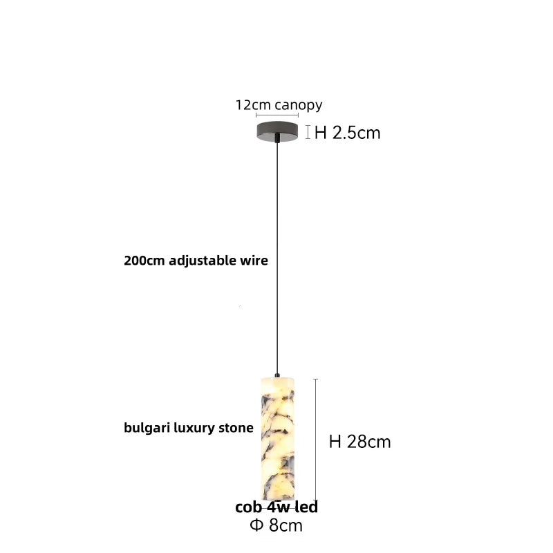 Measurement chart of a pendant light with labeled dimensions on a white background