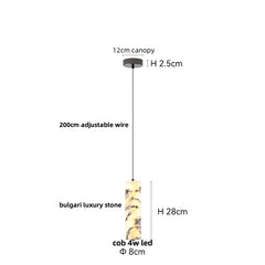 Measurement chart of a pendant light with labeled dimensions on a white background