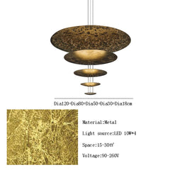 Decorative pendant light with metal finish and specifications on a white background