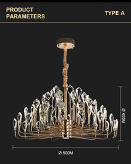 Chandelier with crystal details on a black background, featuring product parameters.