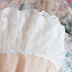 Close-up of white lace trim on a sheer fabric background
