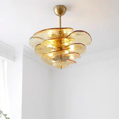 Glass Leaf Tiered Chandelier Polished Copper Floral Pendant Light