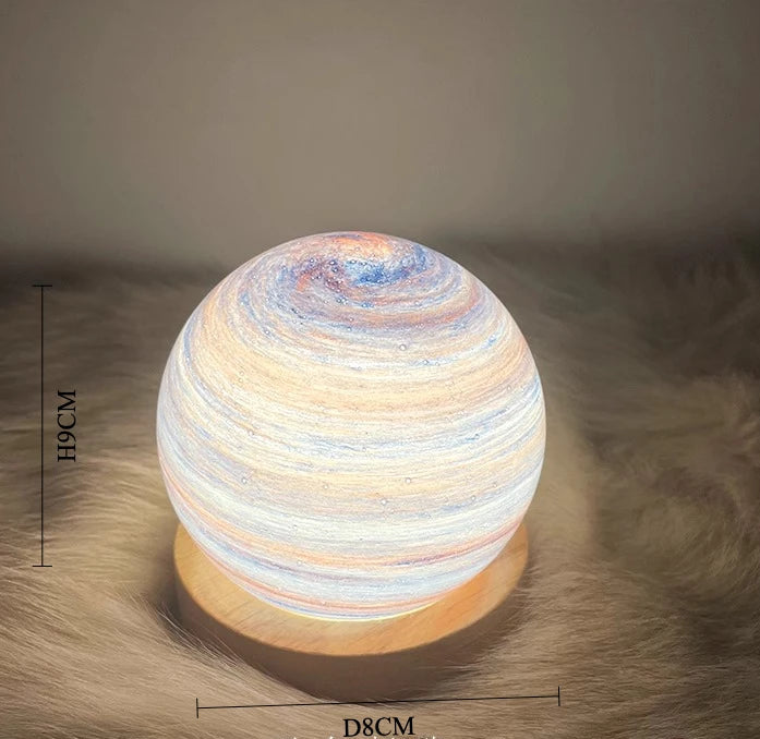 Spherical lamp with multicolored design on a textured surface, dimensions indicated.