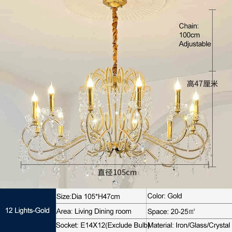 Gold chandelier with measurements and specifications on a neutral background