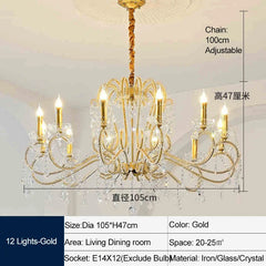 Gold chandelier with measurements and specifications on a neutral background