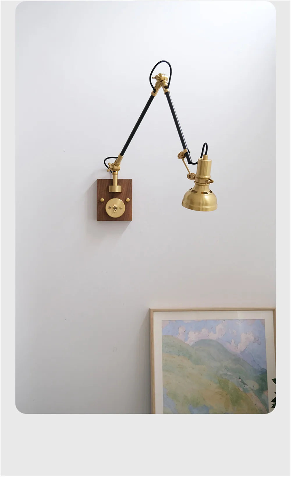 Full view of the brass adjustable swing arm wall sconce mounted on a white wall above a framed picture.