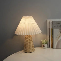 Rattan Base Pleated Fabric Shade Table Lamp - Bedside Accent Light