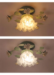 Green Flower Flush Mount Ceiling Light with White Roses