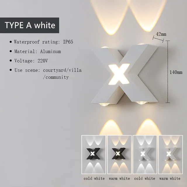White wall light fixture with specifications on a gray background