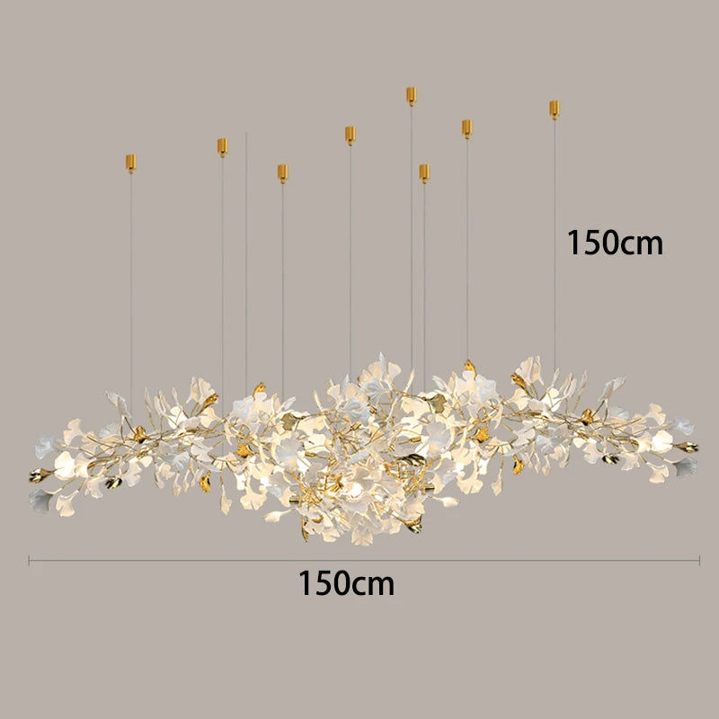 Chandelier with floral design and measurement details on a gray background