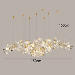 Chandelier with floral design and measurement details on a gray background