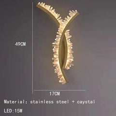 Decorative wall light fixture with measurements and material details on a dark background