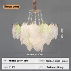 Frosted White Glass Leaf Tiered Chandelier with Crystal Accents