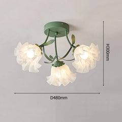 Flower Bud Semi-Flush Ceiling Light White Glass Green Metal Accents