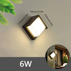 Wall-mounted outdoor light fixture with dimensions and a small inset showing its use in a home setting.