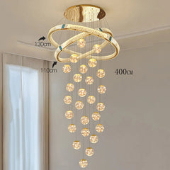 Chandelier with multiple rings and hanging lights in a room setting