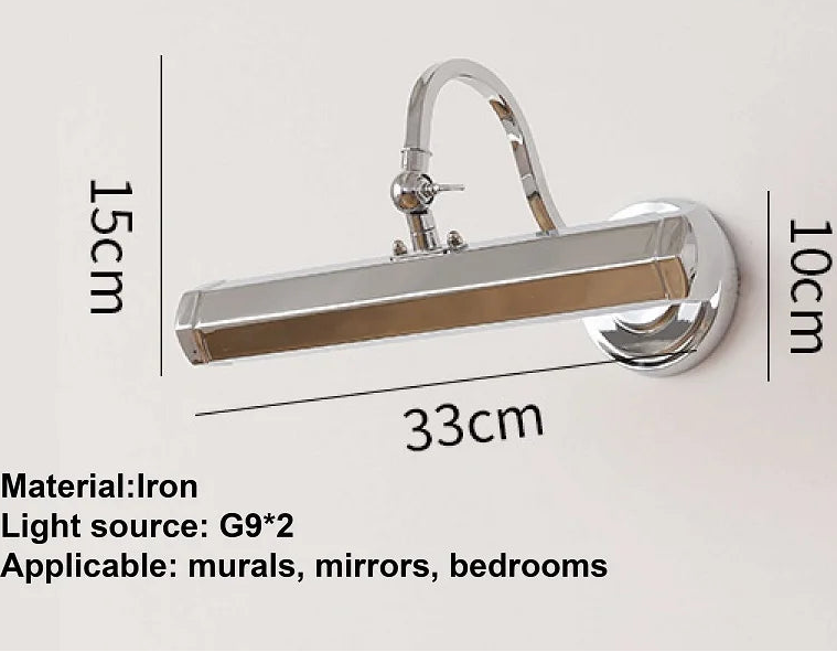 Chrome wall-mounted light fixture with dimensions and material details on a white background