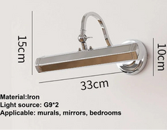 Chrome wall-mounted light fixture with dimensions and material details on a white background