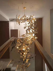 Gold Ginkgo Leaf Chandelier Light Cascading Branch Pendant