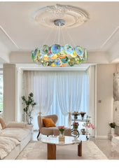 Iridescent Glass Disc Cascade Chandelier with Chrome Frame