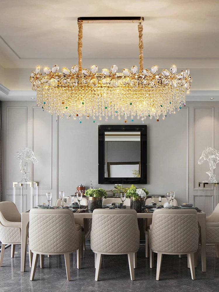 A different angle of the gold petal crystal chandelier, highlighting its multi-tiered design and the sparkle of the crystals.