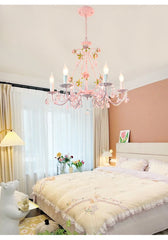 Pink Crystal Flower Chandelier with Rose Buds and Leaf Accents