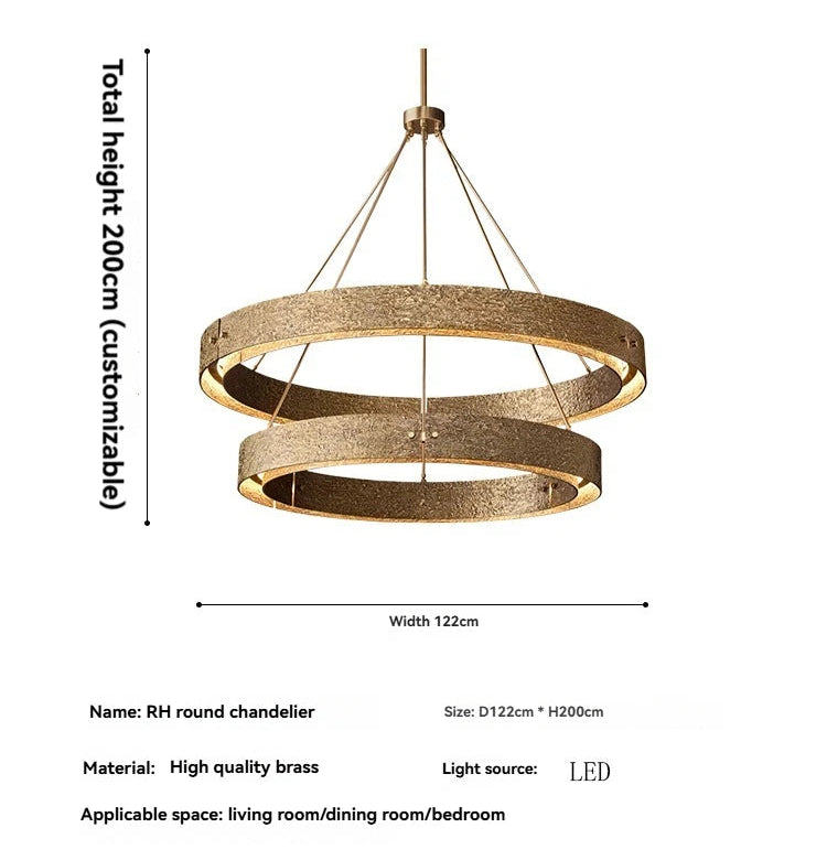Gold chandelier with dimensions and specifications on a white background.