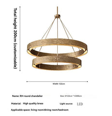 Gold chandelier with dimensions and specifications on a white background.