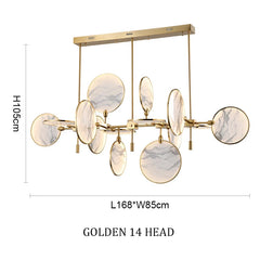 Modern chandelier with gold frame and marble-like shades, including dimensions on a white background.