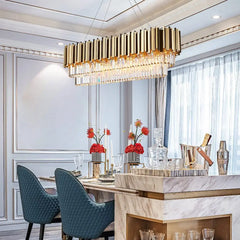Gold Rectangular Tiered K9 Crystal Chandelier Pendant Light Fixture