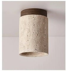 Stone Cylinder Pendant Light with Wood Accent and Natural Texture