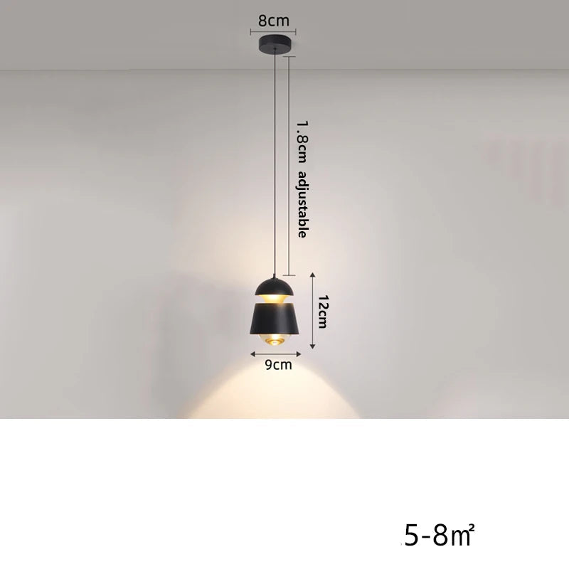 Black pendant light with dimensions and power rating on a gray background