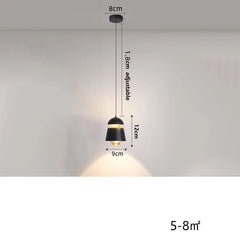 Black pendant light with dimensions and power rating on a gray background