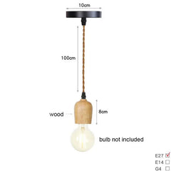 Pendant light with wooden bulb holder and measurement details on a white background