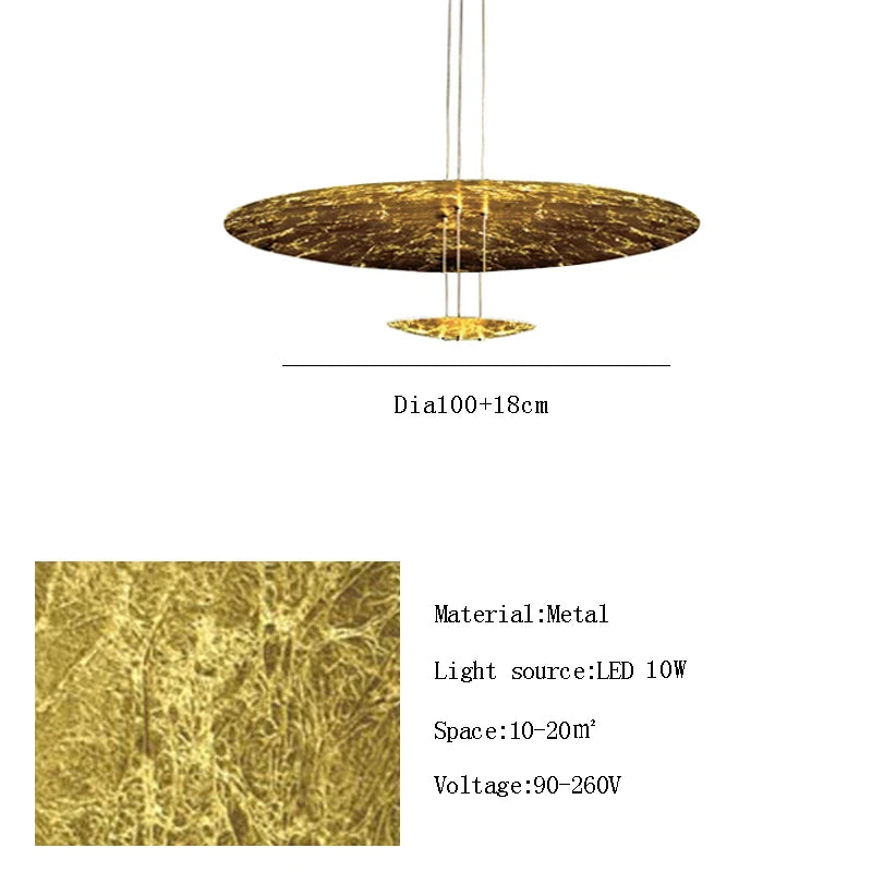 Gold pendant light with specifications on a white background