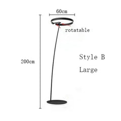 Measurement chart of a large, rotatable lamp with dimensions on a white background