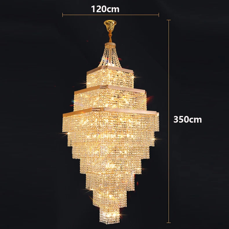 Gold chandelier with dimensions indicated on a black background
