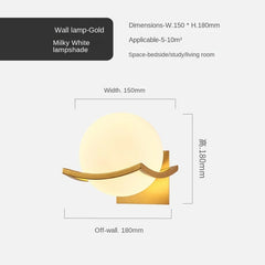 Wall lamp with gold frame and milky white lampshade, dimensions and applicability details on a white background.