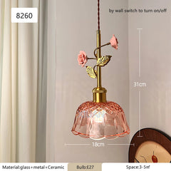 Gold Ceramic Flower Pendant Light with Glass Shade