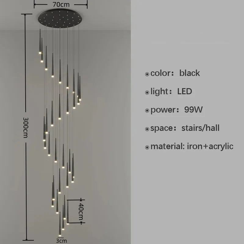 Black LED chandelier with dimensions and specifications on a gray background
