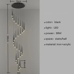 Black LED chandelier with dimensions and specifications on a gray background