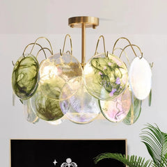Gold Metal Frame Amethyst Glass Disc Semi-Flush Mount Chandelier